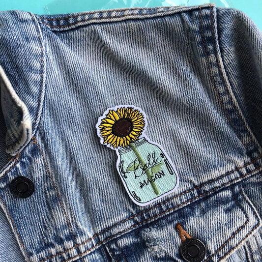 Mason Jar Sunflower Iron on Embroidered Patch