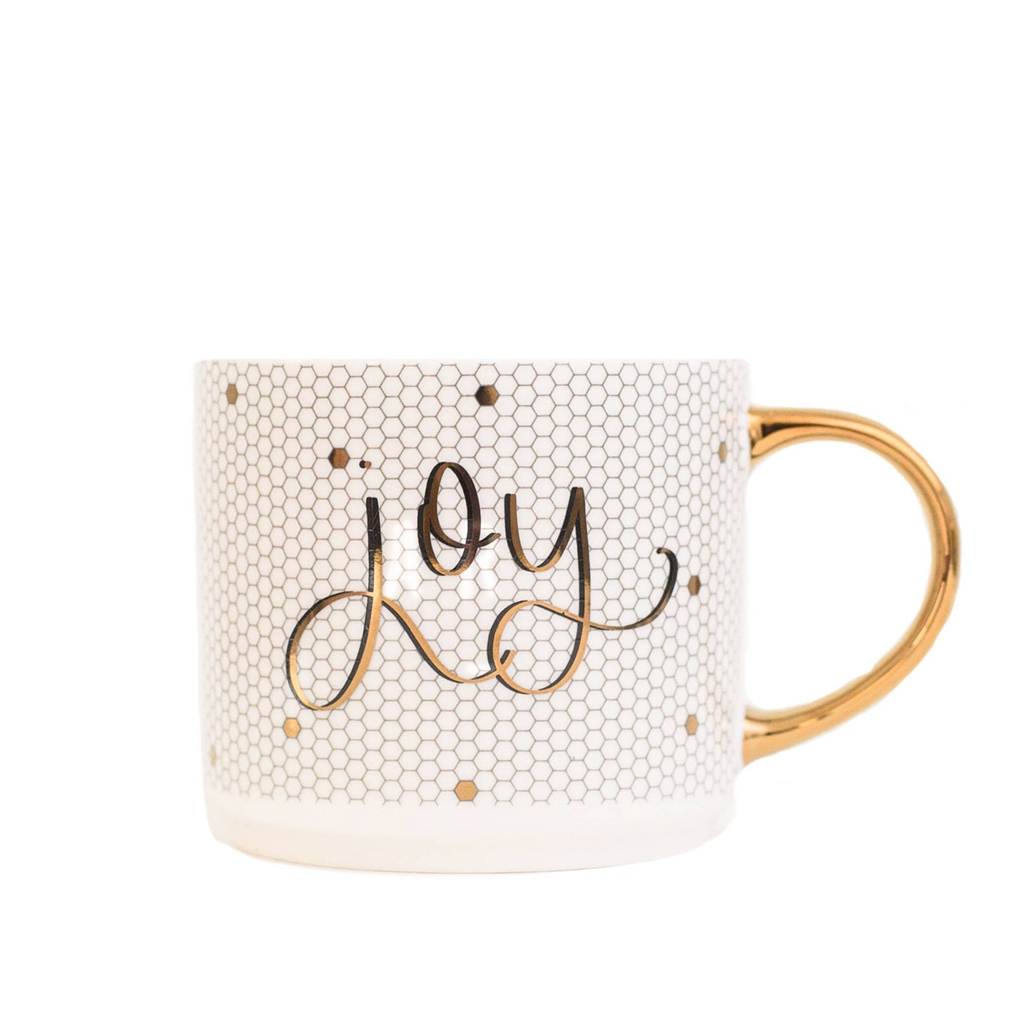 Sweet Water Decor - Joy - Gold, White Tile Hand Lettered Coffee Mug - 17 oz