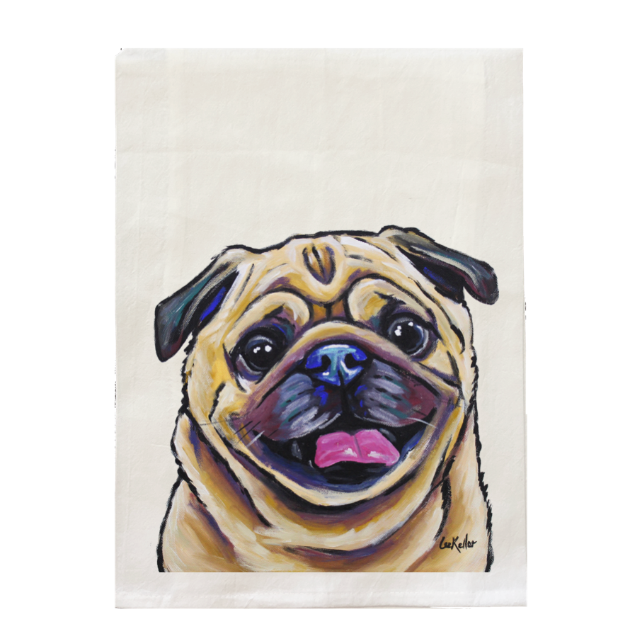 Pug Tea Towel, Dog Lover Kitchen Decor, Dog Flour Sack Towel