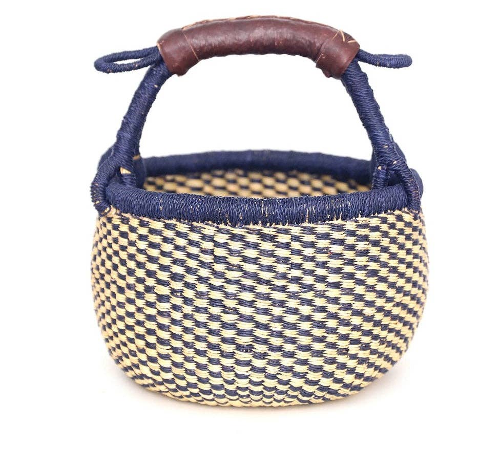 The African Home Goods - Medium Bolga Market Basket w/ Leather Wrapped Handle (Natural & Blues Colors Vary) W: 11" - 13" H: 8"-10", 1 EA