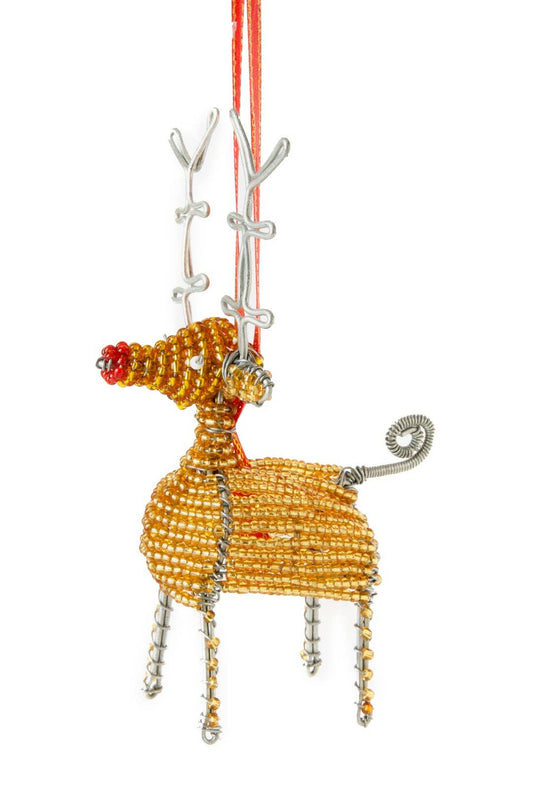Swahili African Modern - Gold Beaded Wire Holiday Reindeer Ornament