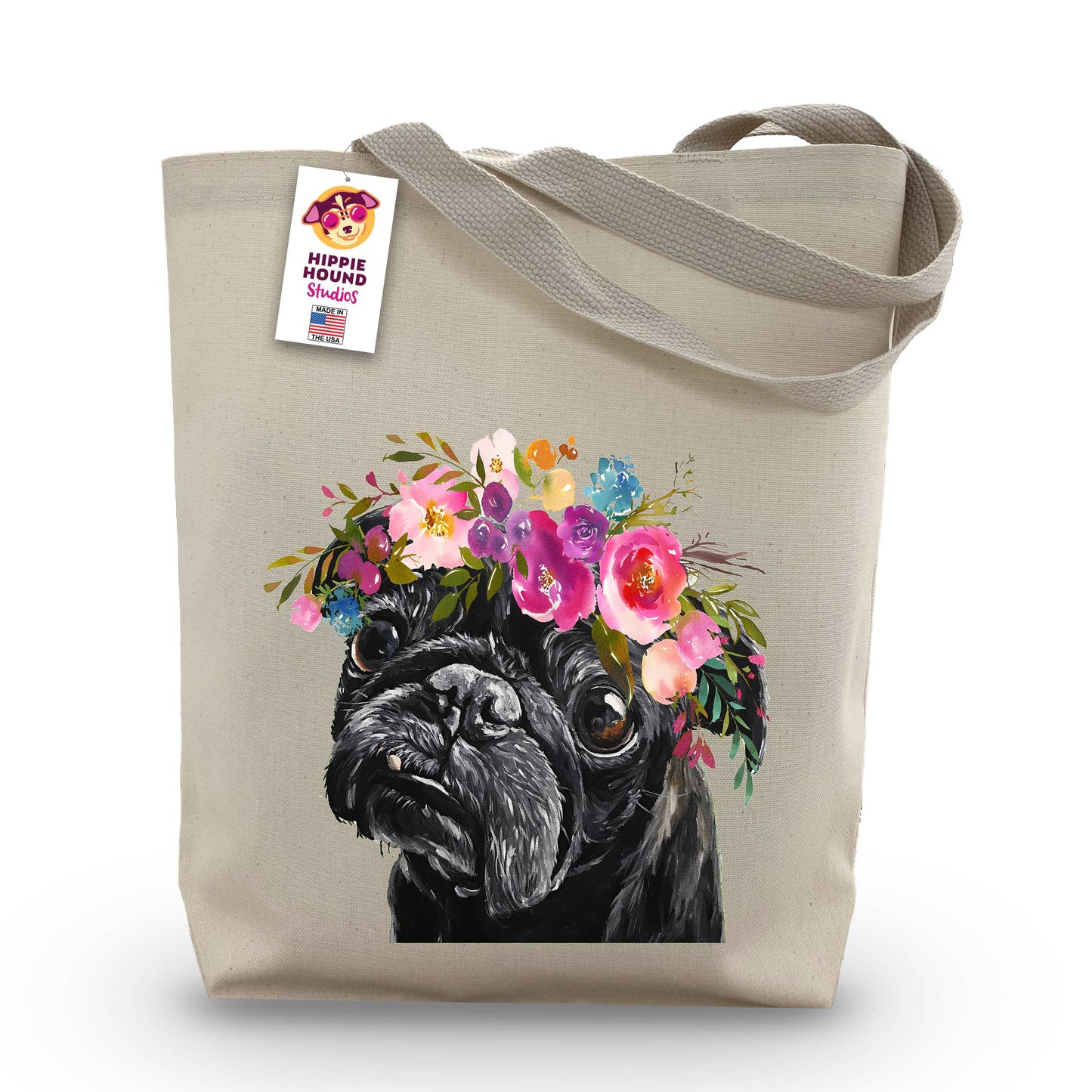 Hippie Hound Studios - Bright Blooms Black Pug Tote Bag, Cute Dog Tote Bag