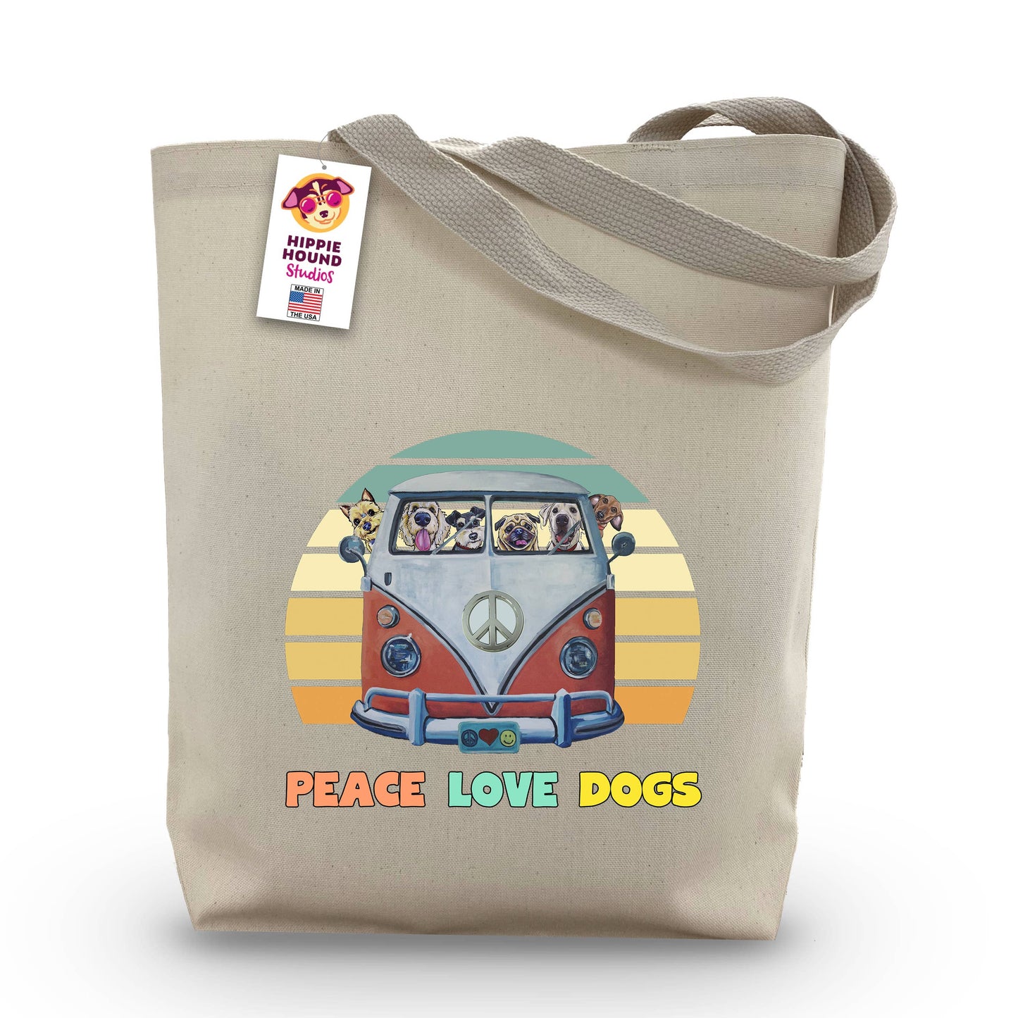 Hippie Hound Studios - Gusseted Tote Bag, Dog Tote Bag, Peace Love Dogs