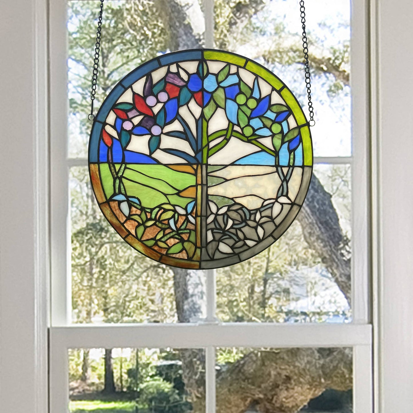 14"H Tree of Seasons Stained Glass Window Panel