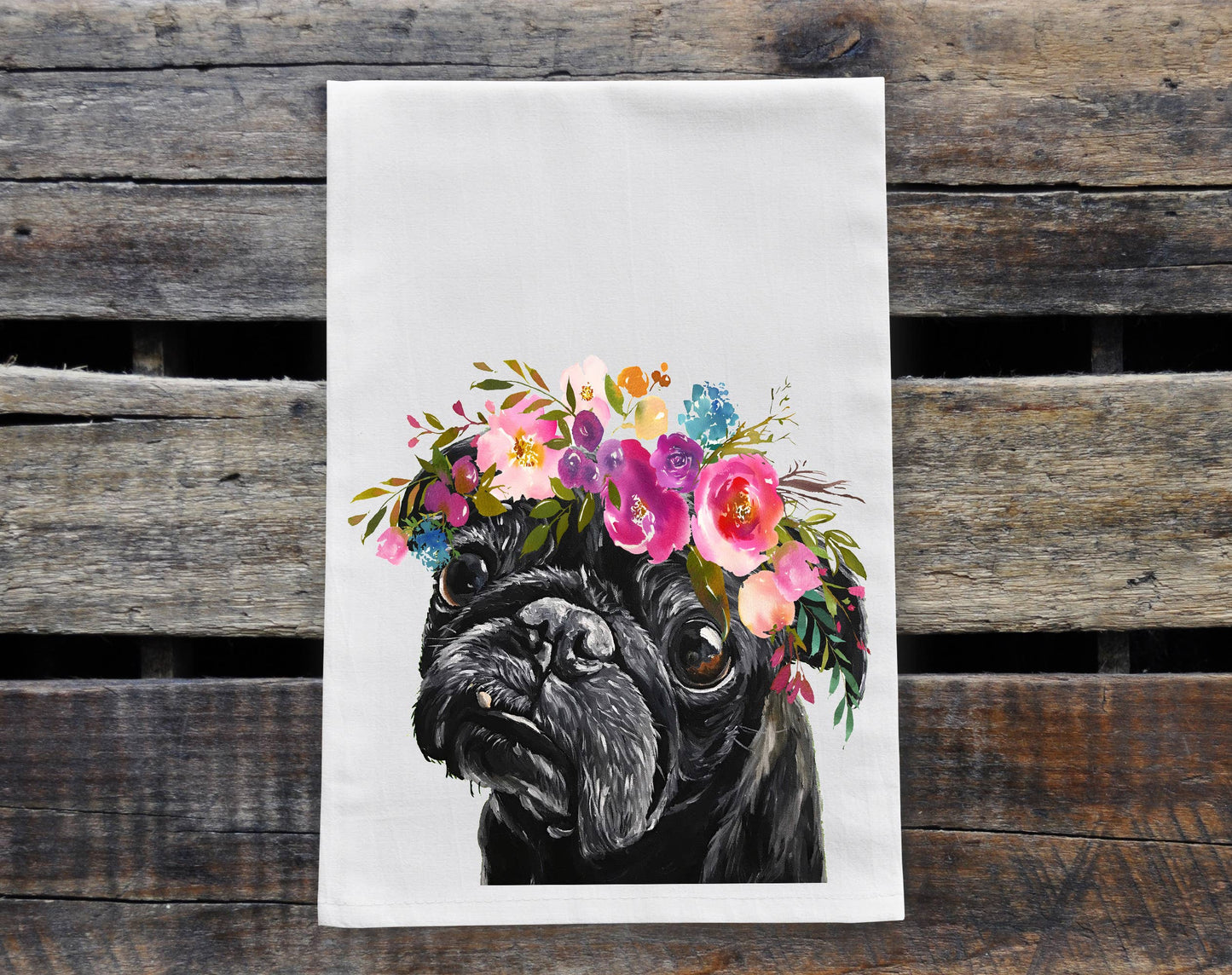 Bright Blooms Black Pug Tea Towel, Cute Home Decor