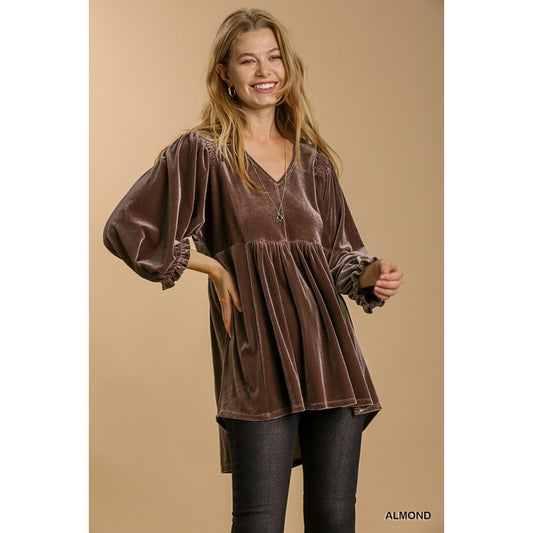 Maryclan - Velvet Long Sleeve Smoked Detail Tunic Dress with High Low H