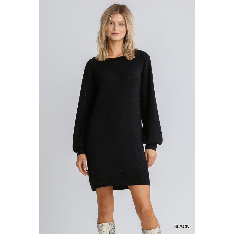Maryclan - Round Neck Long Sleeve Sweater Dress with Ribbed Hem